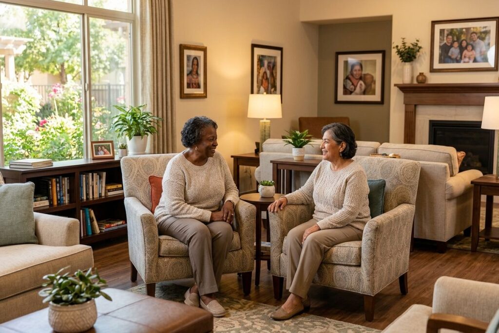 A pair of older adults sit in armchairs in a warmly furnished living room, smiling and talking with each other.
